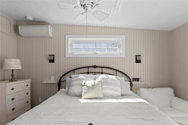 110 Ocean Rd, Ocean Beach, NY 11770 - bedroom featuring a wall unit AC, wood ceiling, a ceiling fan, and radiator