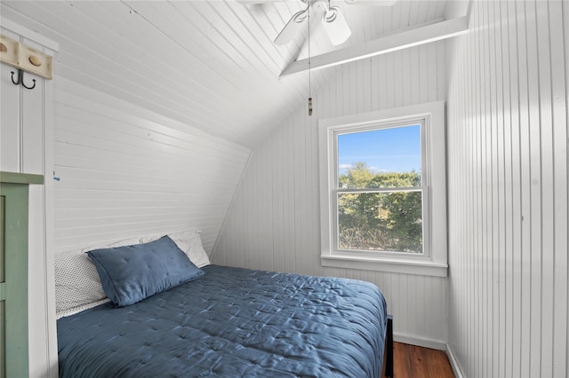 110 Ocean Rd, Ocean Beach, NY 11770 - bedroom featuring lofted ceiling, wood finished floors, and a ceiling fan
