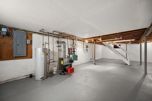 unfinished below grade area with water heater, stairway, electric panel, and a heating unit