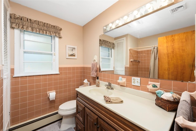 full bath featuring a baseboard radiator, tile walls, toilet, a shower with shower curtain, and a wainscoted wall