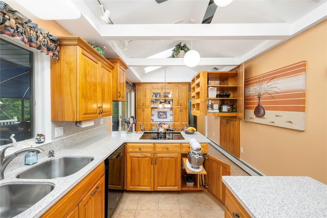 24 Top O Hill Rd, Wappingers Falls, NY 12590 - kitchen with a sink, black appliances, a baseboard radiator, pendant lighting, and brown cabinets