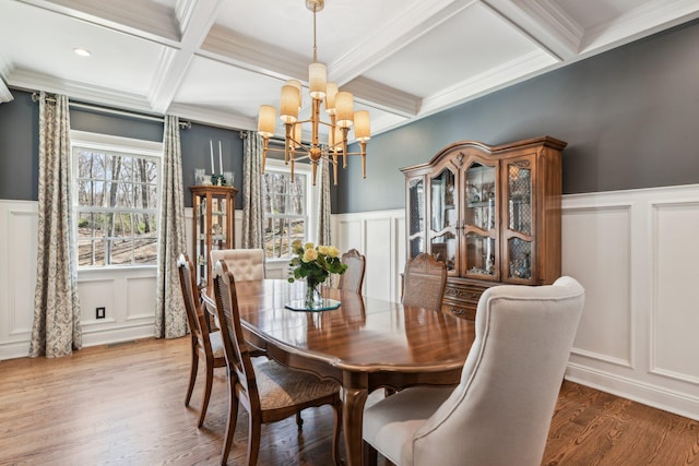 33 Bacon Rd, Saint James, NY 11780 - dining room with a decorative wall, a chandelier, coffered ceiling, beamed ceiling, and wainscoting
