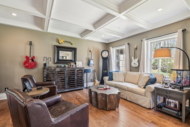 33 Bacon Rd, Saint James, NY 11780 - living area featuring coffered ceiling, wood finished floors, beamed ceiling, recessed lighting, and ornamental molding