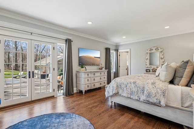 33 Bacon Rd, Saint James, NY 11780 - bedroom with french doors, access to exterior, dark wood finished floors, ornamental molding, and recessed lighting