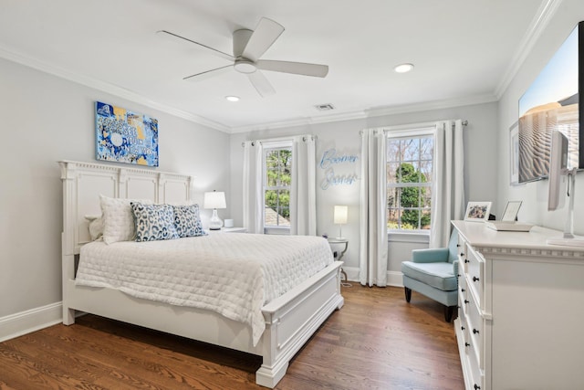 33 Bacon Rd, Saint James, NY 11780 - bedroom featuring dark wood-style floors, crown molding, recessed lighting, and ceiling fan