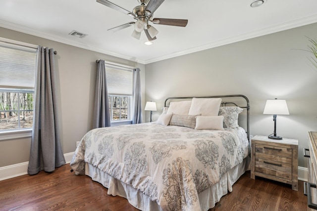 33 Bacon Rd, Saint James, NY 11780 - bedroom with multiple windows, dark wood-style floors, ornamental molding, recessed lighting, and ceiling fan