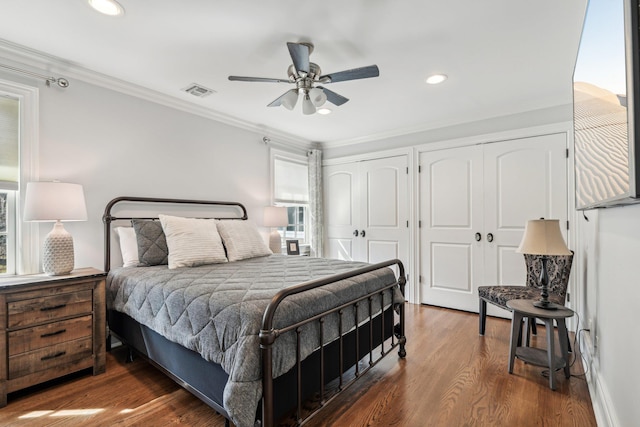 33 Bacon Rd, Saint James, NY 11780 - bedroom with multiple closets, crown molding, wood finished floors, recessed lighting, and ceiling fan