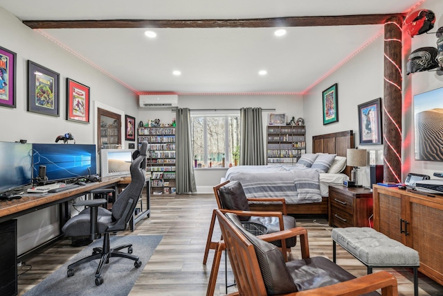 33 Bacon Rd, Saint James, NY 11780 - bedroom featuring a wall mounted air conditioner, crown molding, an office area, wood finished floors, and recessed lighting