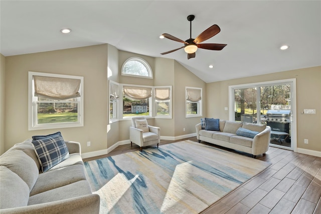 3 Bell Ct, Airmont, NY 10901 - living area with ceiling fan, recessed lighting, wood finished floors, lofted ceiling, and baseboards
