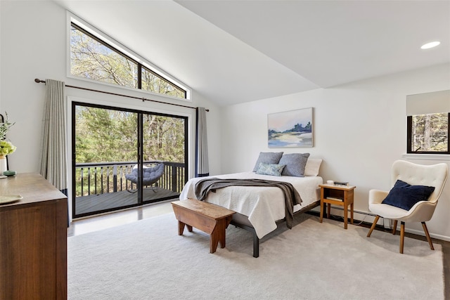 bedroom featuring recessed lighting, lofted ceiling, light carpet, and access to exterior