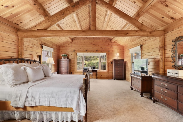 29 Oscaleta Rd, South Salem, NY 10590 - bedroom featuring wooden ceiling, wood walls, and vaulted ceiling with beams
