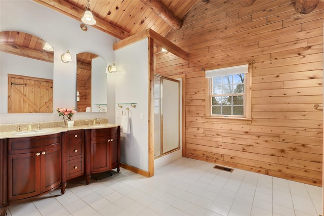 29 Oscaleta Rd, South Salem, NY 10590 - bathroom with visible vents, wooden ceiling, a stall shower, and a sink