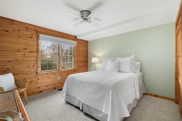 29 Oscaleta Rd, South Salem, NY 10590 - bedroom featuring light carpet, a ceiling fan, wood walls, and baseboards