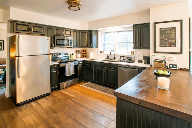 49 Macintosh Dr, Hudson, NY 12534 - kitchen featuring stainless steel appliances, a sink, light wood-style flooring, and dark cabinets