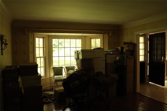 7 Locust Ln, Glen Head, NY 11545 - office featuring wallpapered walls, ornamental molding, wood finished floors, and healthy amount of natural light