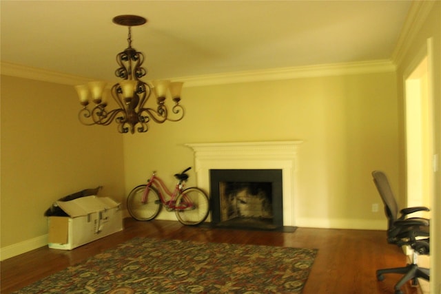 7 Locust Ln, Glen Head, NY 11545 - office featuring wood finished floors, ornamental molding, a fireplace with flush hearth, a chandelier, and baseboards