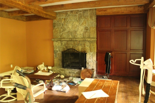 7 Locust Ln, Glen Head, NY 11545 - living room featuring wood finished floors, a fireplace, and beamed ceiling