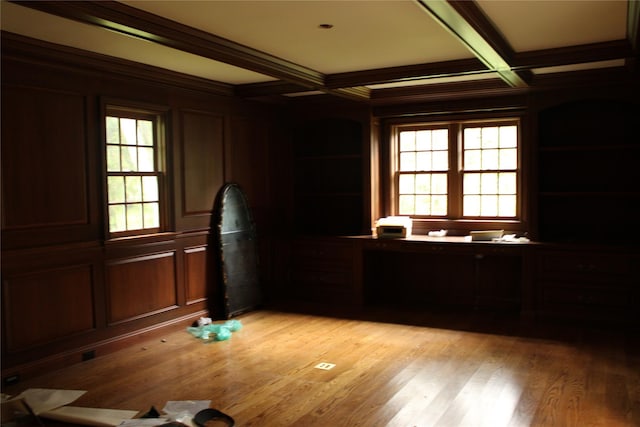 7 Locust Ln, Glen Head, NY 11545 - unfurnished room with coffered ceiling, light wood-style floors, and beam ceiling