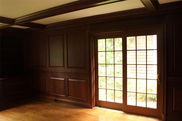7 Locust Ln, Glen Head, NY 11545 - entryway with coffered ceiling, beamed ceiling, light wood-style floors, and crown molding