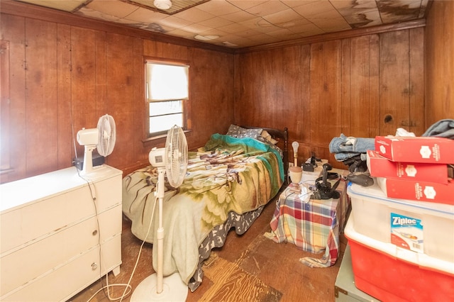 bedroom with wooden walls