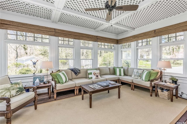 279 Little Neck Rd, Centerport, NY 11721 - sunroom / solarium featuring coffered ceiling and beam ceiling