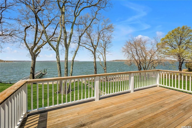 279 Little Neck Rd, Centerport, NY 11721 - wooden deck featuring a water view, a yard, and a dock