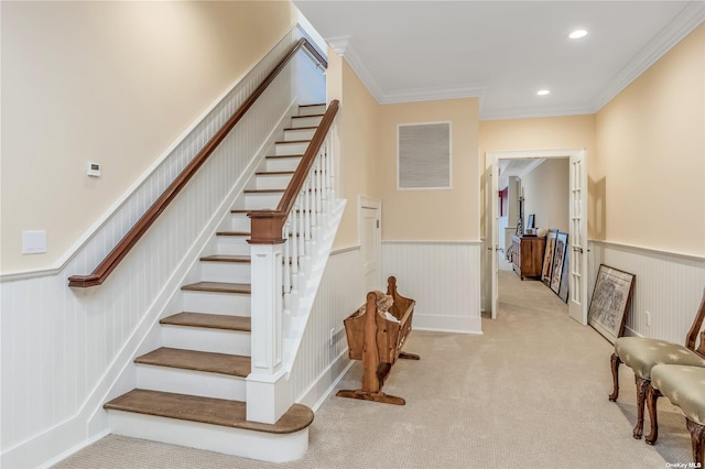 279 Little Neck Rd, Centerport, NY 11721 - stairway featuring carpet flooring, ornamental molding, visible vents, and recessed lighting
