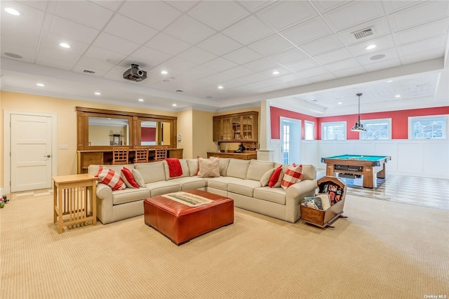 279 Little Neck Rd, Centerport, NY 11721 - carpeted living area with pool table, visible vents, recessed lighting, and crown molding
