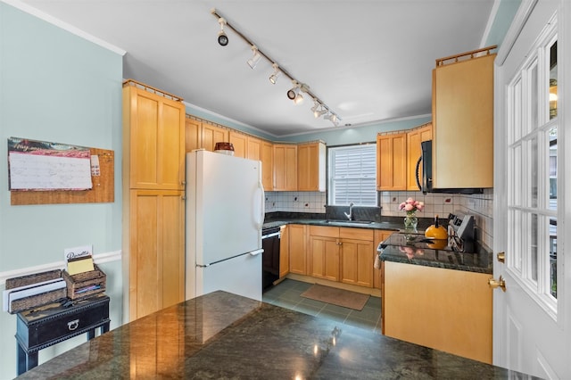 7 Wilson Blvd, Poughkeepsie, NY 12603 - kitchen featuring black appliances, a sink, backsplash, track lighting, and dark tile patterned floors