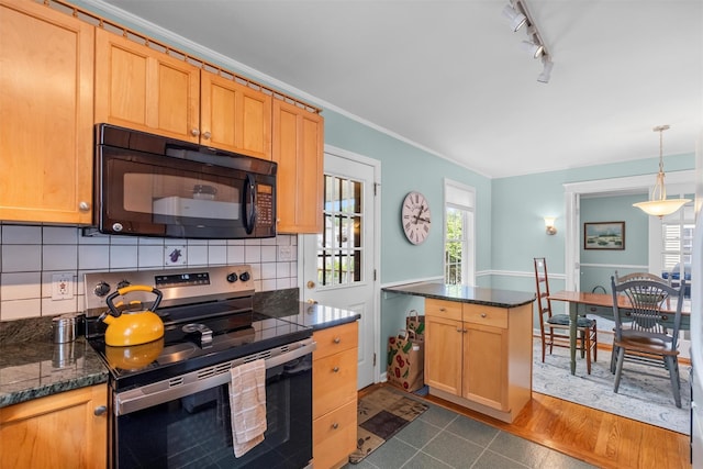 7 Wilson Blvd, Poughkeepsie, NY 12603 - kitchen featuring stainless steel electric stove, black microwave, backsplash, rail lighting, and pendant lighting