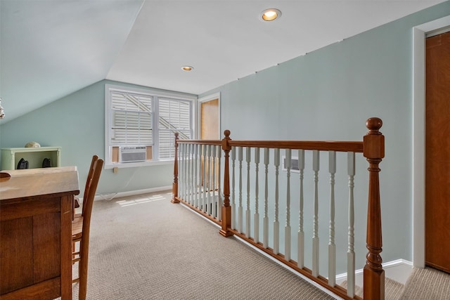 7 Wilson Blvd, Poughkeepsie, NY 12603 - corridor with an upstairs landing, carpet, baseboards, cooling unit, and lofted ceiling