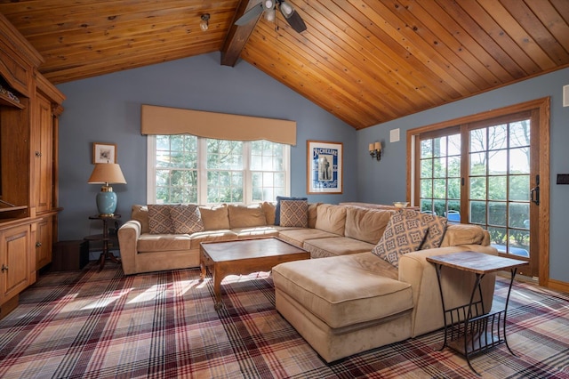 56 Milburn Ln, East Hills, NY 11577 - living room with healthy amount of natural light, wooden ceiling, and a ceiling fan