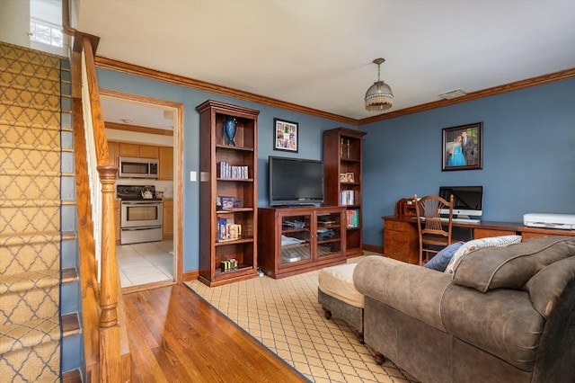 56 Milburn Ln, East Hills, NY 11577 - living area featuring light wood-style flooring, ornamental molding, and an office area