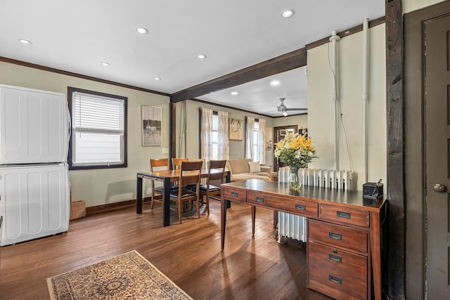 108 Wayne Ave, White Plains, NY 10606 - home office with ceiling fan, ornamental molding, dark wood finished floors, and baseboards