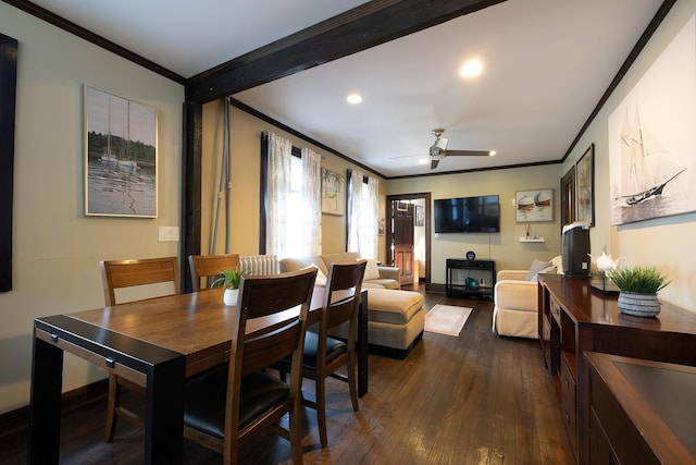 108 Wayne Ave, White Plains, NY 10606 - dining space with crown molding, ceiling fan, baseboards, recessed lighting, and dark wood-type flooring