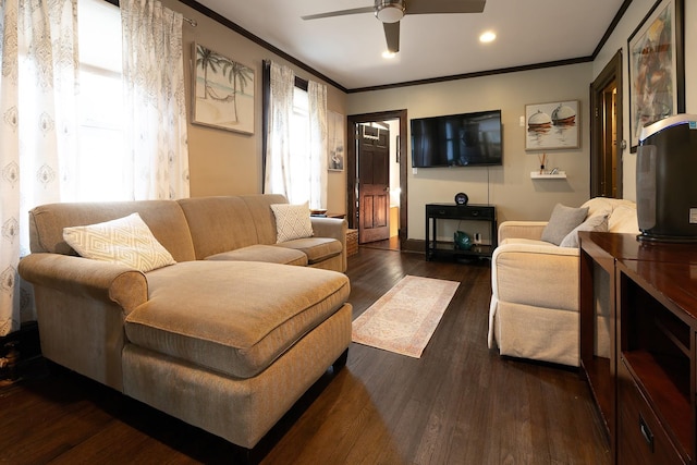 108 Wayne Ave, White Plains, NY 10606 - living area featuring baseboards, recessed lighting, ornamental molding, dark wood finished floors, and a ceiling fan