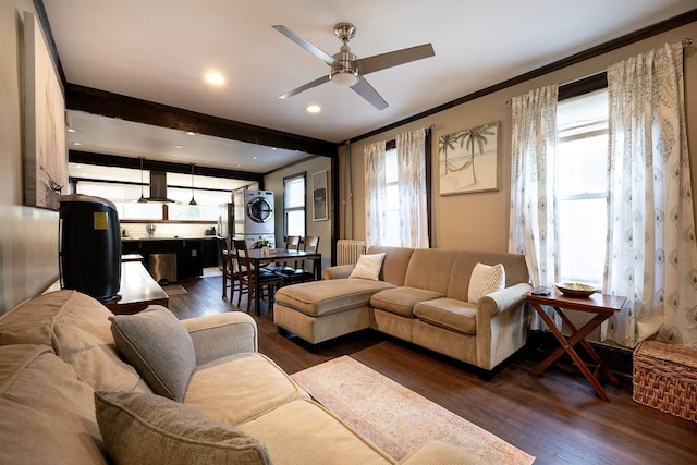 108 Wayne Ave, White Plains, NY 10606 - living room featuring wood finished floors, stacked washer and clothes dryer, plenty of natural light, and a ceiling fan