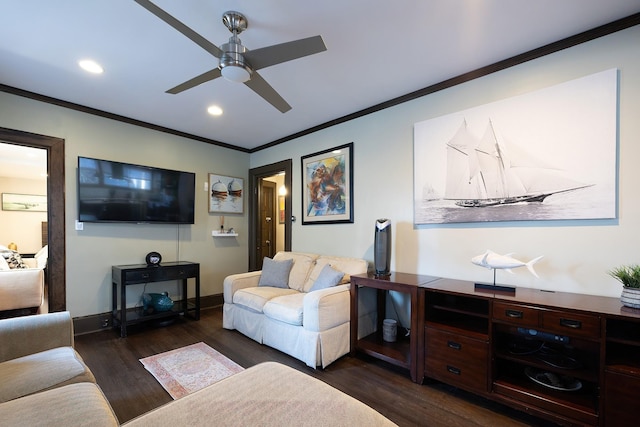 108 Wayne Ave, White Plains, NY 10606 - living area featuring recessed lighting, ceiling fan, dark wood-type flooring, crown molding, and baseboards