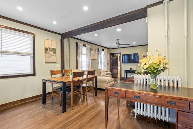 108 Wayne Ave, White Plains, NY 10606 - dining area with wood finished floors, ceiling fan, recessed lighting, and ornamental molding