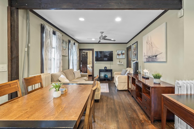 108 Wayne Ave, White Plains, NY 10606 - dining area with crown molding, radiator, recessed lighting, dark wood finished floors, and a ceiling fan
