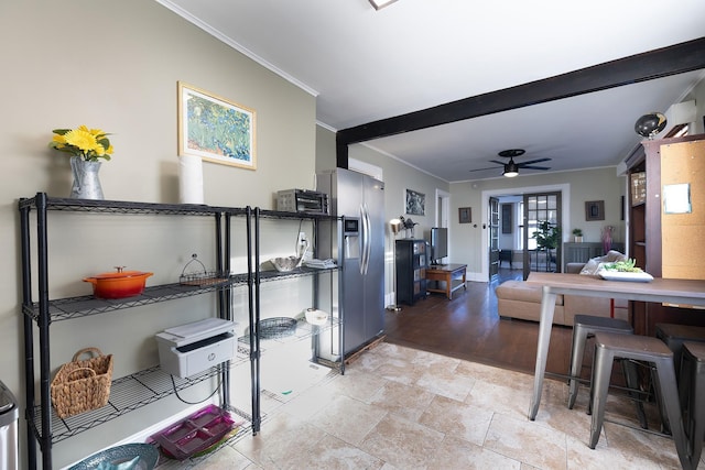 108 Wayne Ave, White Plains, NY 10606 - kitchen with stainless steel fridge, stone finish floor, ceiling fan, baseboards, and crown molding