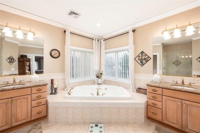 3 Madonna Dr, Lagrangeville, NY 12540 - full bathroom with a stall shower, two vanities, a sink, and ornamental molding