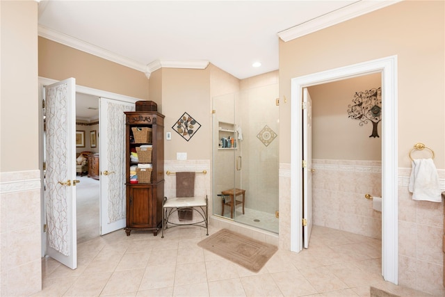 3 Madonna Dr, Lagrangeville, NY 12540 - full bath with crown molding, tile walls, a shower stall, and tile patterned flooring