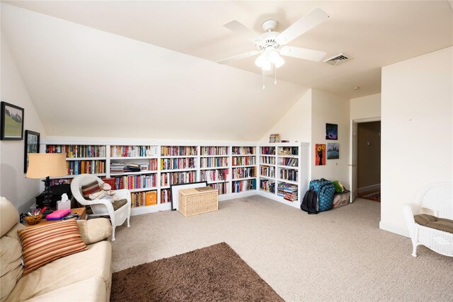 3 Madonna Dr, Lagrangeville, NY 12540 - living area with a ceiling fan, vaulted ceiling, visible vents, and carpet floors