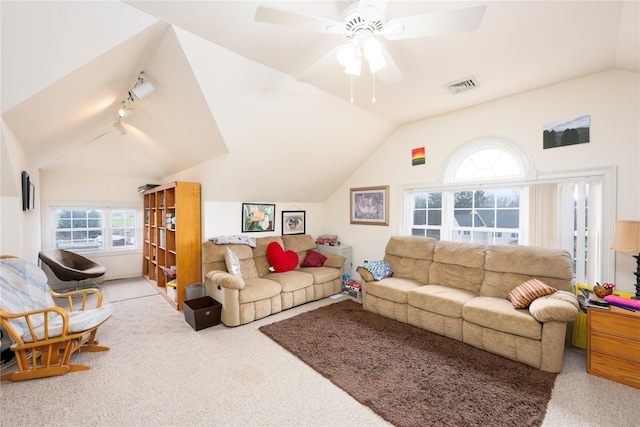 3 Madonna Dr, Lagrangeville, NY 12540 - living room featuring vaulted ceiling, track lighting, a ceiling fan, carpet floors, and visible vents