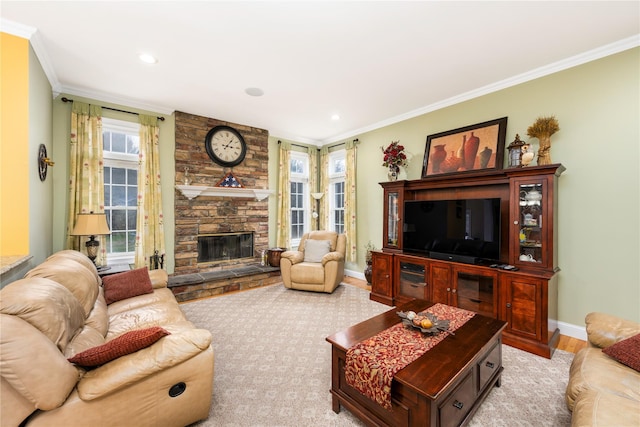 3 Madonna Dr, Lagrangeville, NY 12540 - living area with baseboards, a stone fireplace, ornamental molding, recessed lighting, and light wood-style flooring