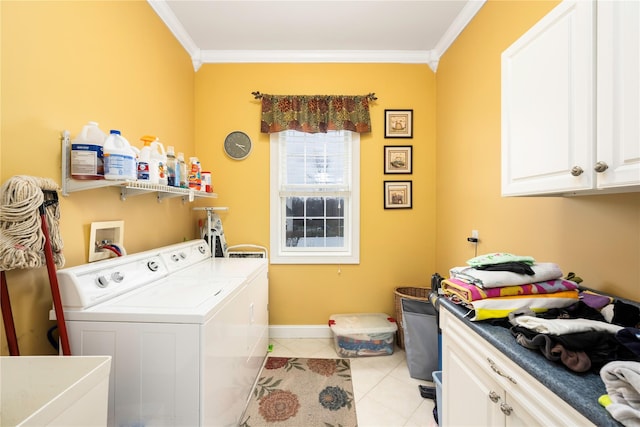3 Madonna Dr, Lagrangeville, NY 12540 - laundry area featuring independent washer and dryer, light tile patterned floors, ornamental molding, and cabinet space