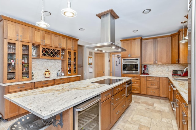 19 Stillwood Rd, Brookhaven, NY 11719 - kitchen featuring decorative backsplash, island exhaust hood, black electric cooktop, wine cooler, and oven