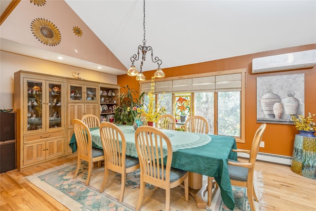 19 Stillwood Rd, Brookhaven, NY 11719 - dining area with a wall unit AC, baseboard heating, light wood-type flooring, high vaulted ceiling, and recessed lighting