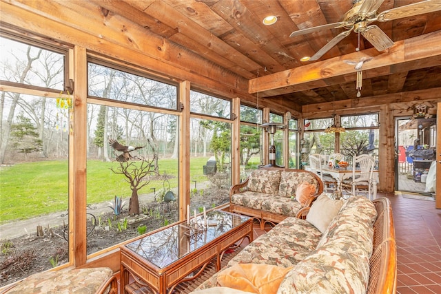 19 Stillwood Rd, Brookhaven, NY 11719 - sunroom with wood ceiling, outdoor lounge area, a ceiling fan, and a wealth of natural light